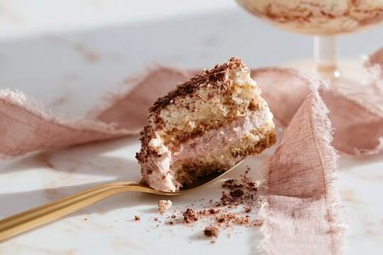 Close up of a gold spoon holding a bite of layered cake with cream and chocolate shavings, placed on a marble surface with soft fabric nearby