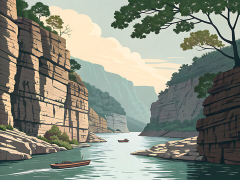 Bhedaghat marble rocks, modern minimal vector illustration, river canyon, limited palette