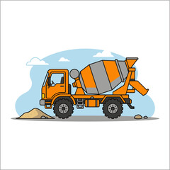 Fototapeta premium Orange cement concrete mixer truck vehicle working on construction site isolated on white background commercial vector stock graphic illustration