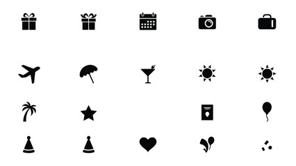 Minimalist black icons set featuring travel celebration and lifestyle symbols on clean white background with each symbolizing diverse themes such travel © Mausumi