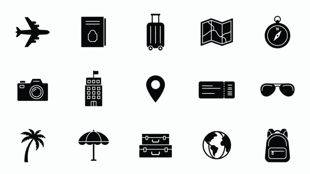 Minimalist travel and adventure icon set featuring fifteen black outline symbols on light background with flat design style against neutral white backdrop high contrast readability