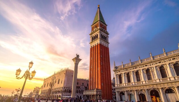 Historic Red Brick Bell Tower Rising Over St Marks Square at Sunset in Venice