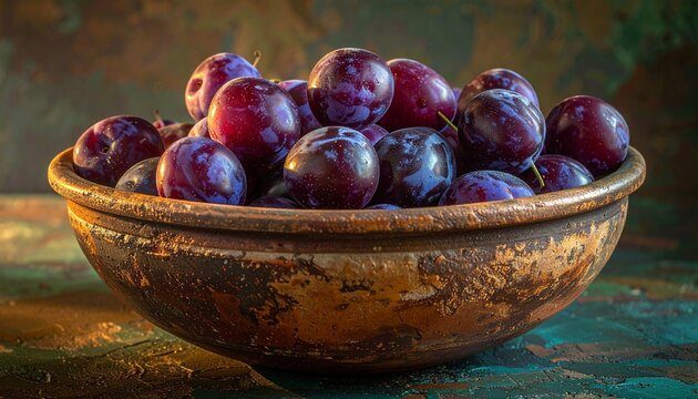 Fresh ripe plums in wooden bowl on table.