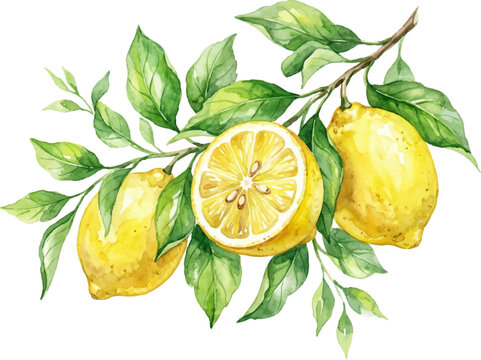 Botanical illustration of bright yellow lemons with fresh green leaves suitable for food packaging, kitchen decor, and citrusrelated designs.