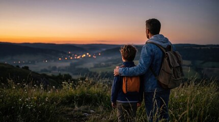 Fototapeta premium A refugee family, father and son, looking out at a new city at sunset