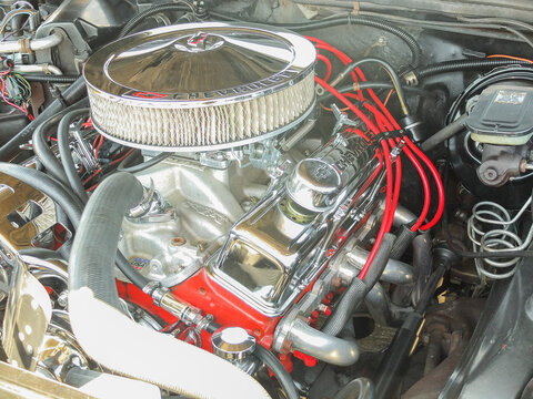 Powerful polished V8 engine of a custom Chevrolet car show in Ruston - June 13, 2026 Ruston WA, USA