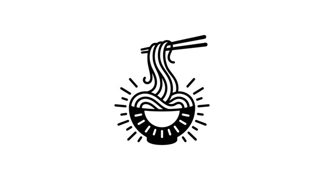 Minimalist black and white line art illustration of a steaming bowl of ramen noodles.