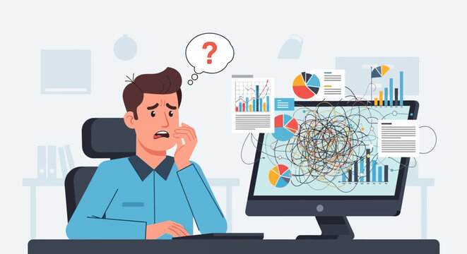 Man confused at computer screen.