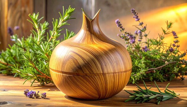 Golden gourd with fresh green herbs and flowers in rustic setting.