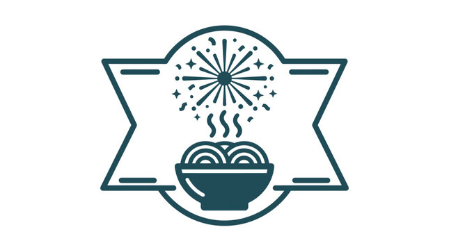 A minimalist dark green line art logo featuring a bowl of steaming noodles with a firework burst above it inside a decorative ribbon frame.