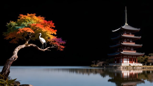 Bird perched on colorful tree near pagoda