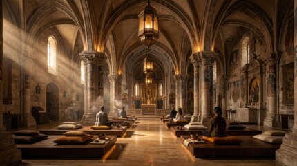 Obraz premium Empty Gothic Monastery Prayer Hall with Sunlight Rays and Wooden Pews in Warm Light
