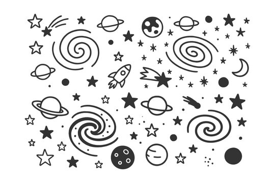 Black and white hand drawn space elements featuring planets stars comets and swirling galaxies on a clean white background surface