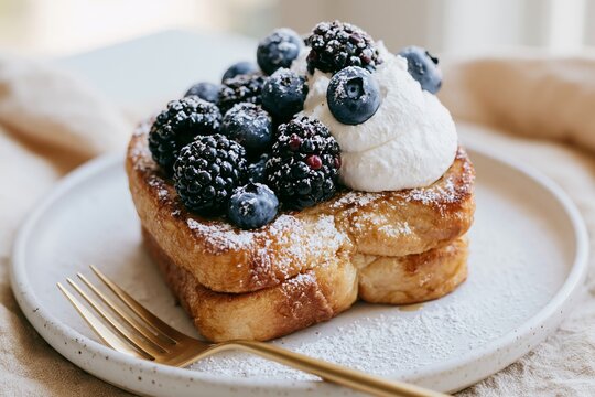 Close up of French toast topped with blueberries and blackberries, garnished with whipped cream, served on a white plate with a gold fork on a light table