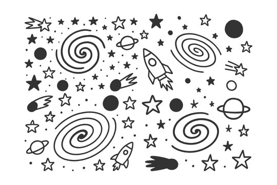 Hand drawn doodle set featuring cute space rockets planets galaxies and sparkling stars isolated on a clean white background surface