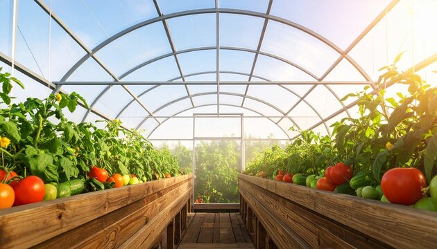 Modern greenhouse interior with ripe red tomatoes and green foliage.