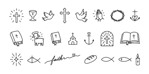 Obraz premium Christian religious doodles vector set. Holy line art icons collection with cross, bible, church, angel lamb, praying hands, dove, anchor fish and candle isolated on white background.