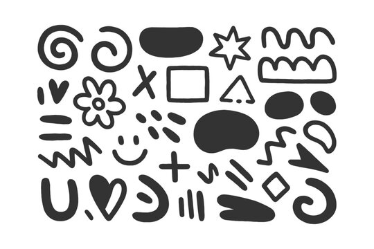 Hand drawn doodle shapes set featuring various black organic forms stars flowers squiggles and abstract geometric elements on white background