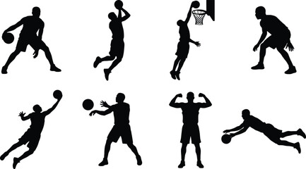 Basketball player silhouettes set featuring male athlete action poses dribbling dunking passing and shooting isolated on white background © Shoriful