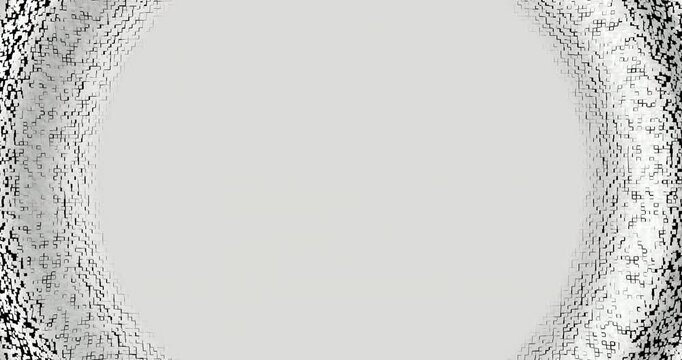 Scattered black digital particles form a swirling noise pattern around a soft empty circular void in grayscale.