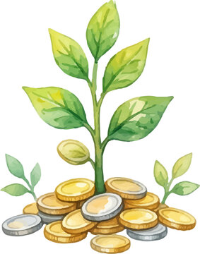 Green plant sprouts growing from golden metal coins symbolizing wealth growth suitable for finance, investing, growth, money concepts.