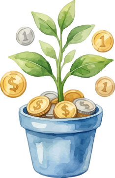 Green plant sprouting money coins in blue ceramic pot illustration perfect for financial growth concepts, investment websites, and cryptocurrency promotions.