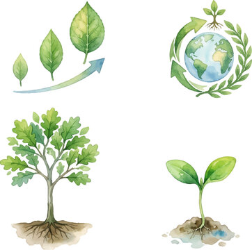 Green watercolor leaves  recycling symbols, oak tree, soil sprout  seedling. Suitable for ecofriendly designs, environmental concepts, and sustainability projects.