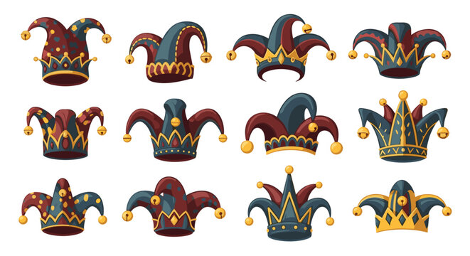 Collection of colorful medieval jester hats with golden bells and creative fool caps on plain white background.