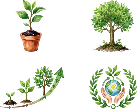 Potted plant showing the growth cycle of a mature tree, with earth, hands, green leaves  perfect for nature icons.