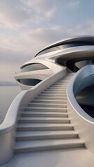 Fototapeta premium Futuristic Modern Boat Style Luxury Yacht House With White Architecture with Curved Staircase Docked by the Water