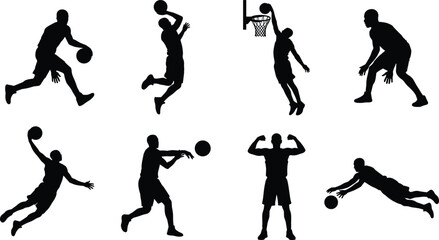 Basketball player silhouettes set featuring various action poses including dribbling dunking passing and shooting isolated on white background © Shoriful