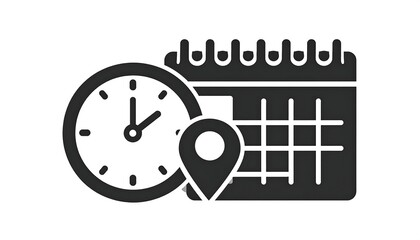 Naklejka premium Black Calendar Clock and Location Pin Icon Isolated on White Background