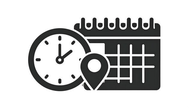 Black Calendar Clock and Location Pin Icon Isolated on White Background