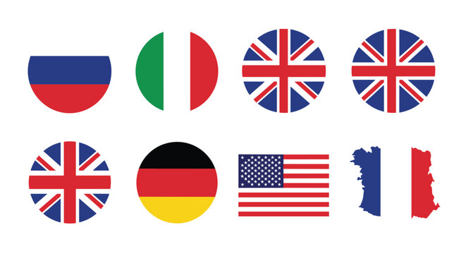 International flag icons including Russia, Italy, United Kingdom, Germany, United States, and France are shown on a white background.