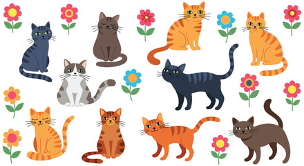 Naklejka premium Group of nine cute cartoon cats in different colors are seated or standing among bright blooming flowers on a white background.