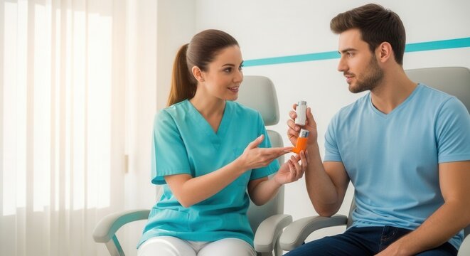 Nurse showing patient inhaler in clinic consultation for asthma or respiratory illness treatment
