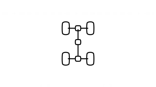 Minimalist outline animation of a car chassis drivetrain axle and wheels drawing on and fading out. Features a clean pop up style in 3 color setups.