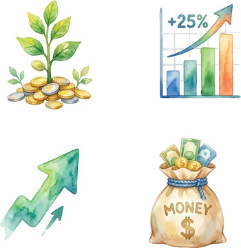 Watercolor illustration of seedling, coin pile, growth chart, financial arrow, money bag icons perfect for finance concept designs.