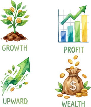 Watercolor illustrations display business growth, profit trends, gold coin wealth. Ideal for financial presentations, reports, and marketing materials.
