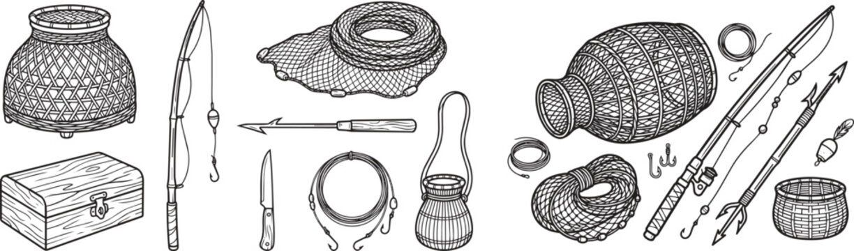 Fishing gear set with rods nets harpoons and baskets isolated on white background for river and lake angling illustrated in a minimal line art style.