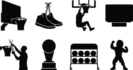 Basketball vector silhouette icon bundle featuring sport gear tournament equipment hoops shoes trophy rack player and team mascot © Shoriful