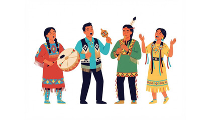 Fototapeta premium Indigenous Peoples Day music celebration vector with traditional musicians isolated on white background