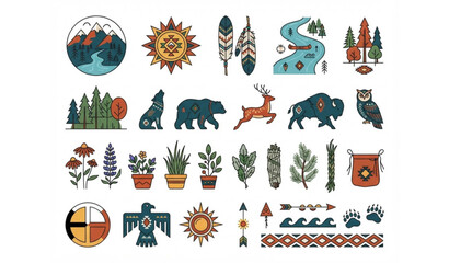 Obraz premium Indigenous Peoples Day nature element vector collection with cultural heritage symbols isolated on white background