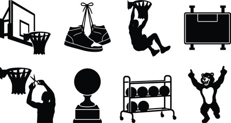 Basketball vector silhouette icon bundle featuring tournament equipment court backboard hanging sneakers player dunking trophy and mascot © Shoriful