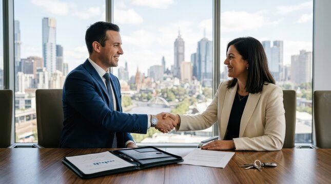 Business professionals shaking hands after a successful deal in a modern office with city view