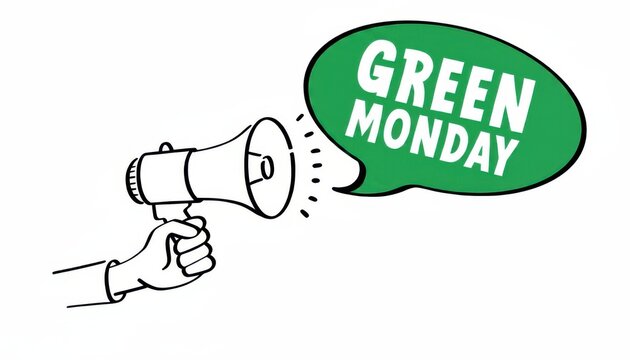 Hand holding a megaphone with a speech bubble saying green monday