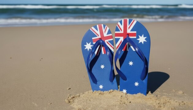 Australian flag flip flops on a sandy beach