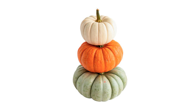 Stack of colourful assorted autumn harvest pumpkins squashes isolated on a transparent background