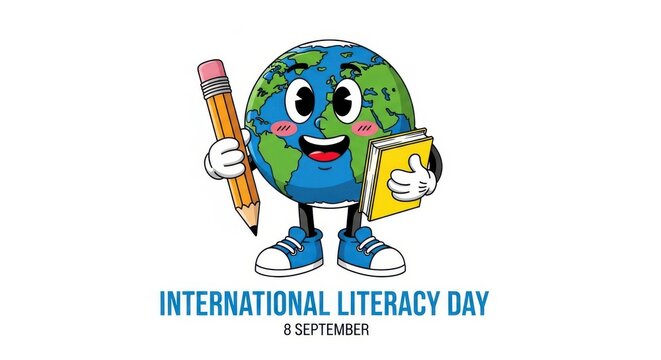 International literacy day illustration with earth character isolated on white background
