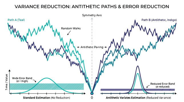 Business infographic showing variance reduction with antithetic paths and error reduction